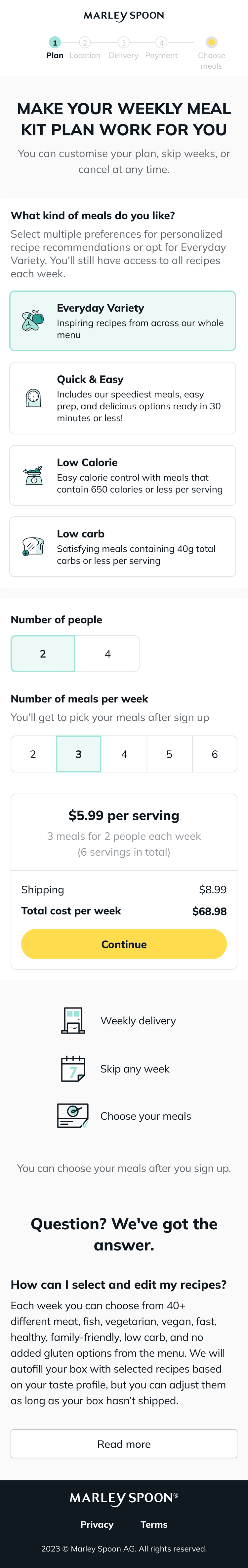 A/B test variant — dietary preference cards added